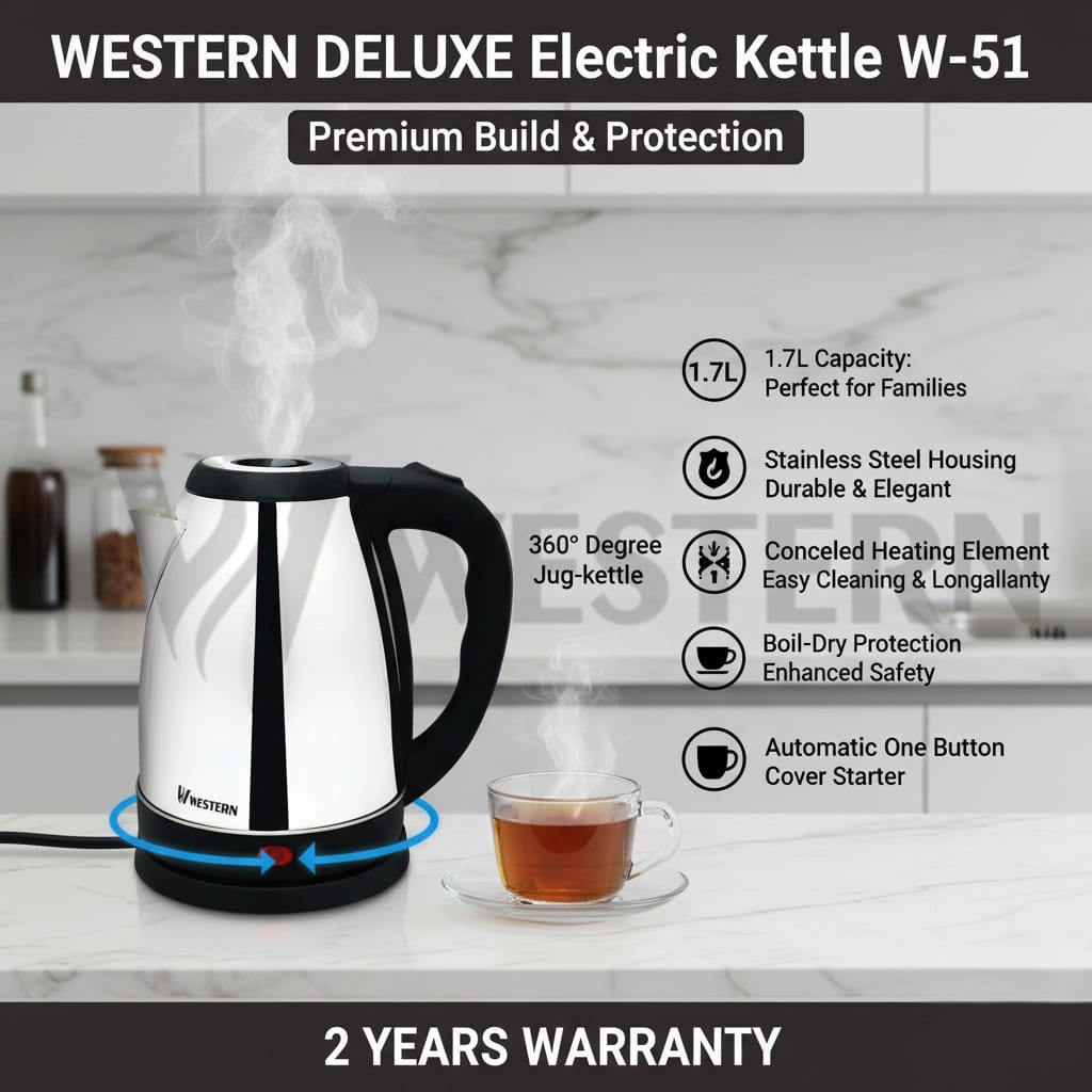 Burraq Western Deluxe Electric Kettle W-51 – 1.7L Stainless Steel Electric Kettle | | 2-Year Warranty