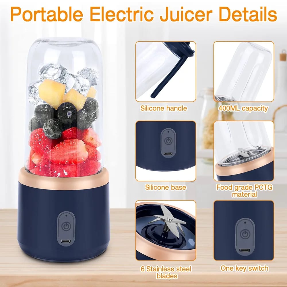 Burraq Portable Blender Juicer Machine – 2-in-1 USB Rechargeable Smoothie Maker | 400ml Personal Mini Fruit Mixer