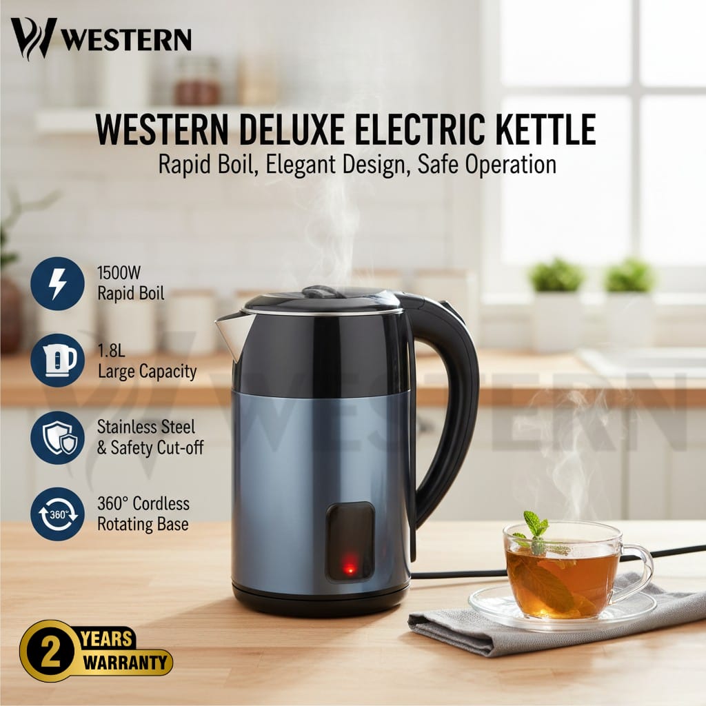 Burraq Western Deluxe Electric Kettle W-52 – 1.8L Stainless Steel Electric Kettle | 1500W Fast Boil