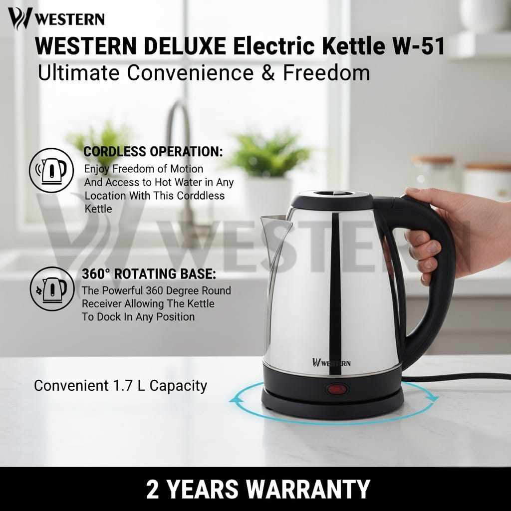 Burraq Western Deluxe Electric Kettle W-51 – 1.7L Stainless Steel Electric Kettle | | 2-Year Warranty