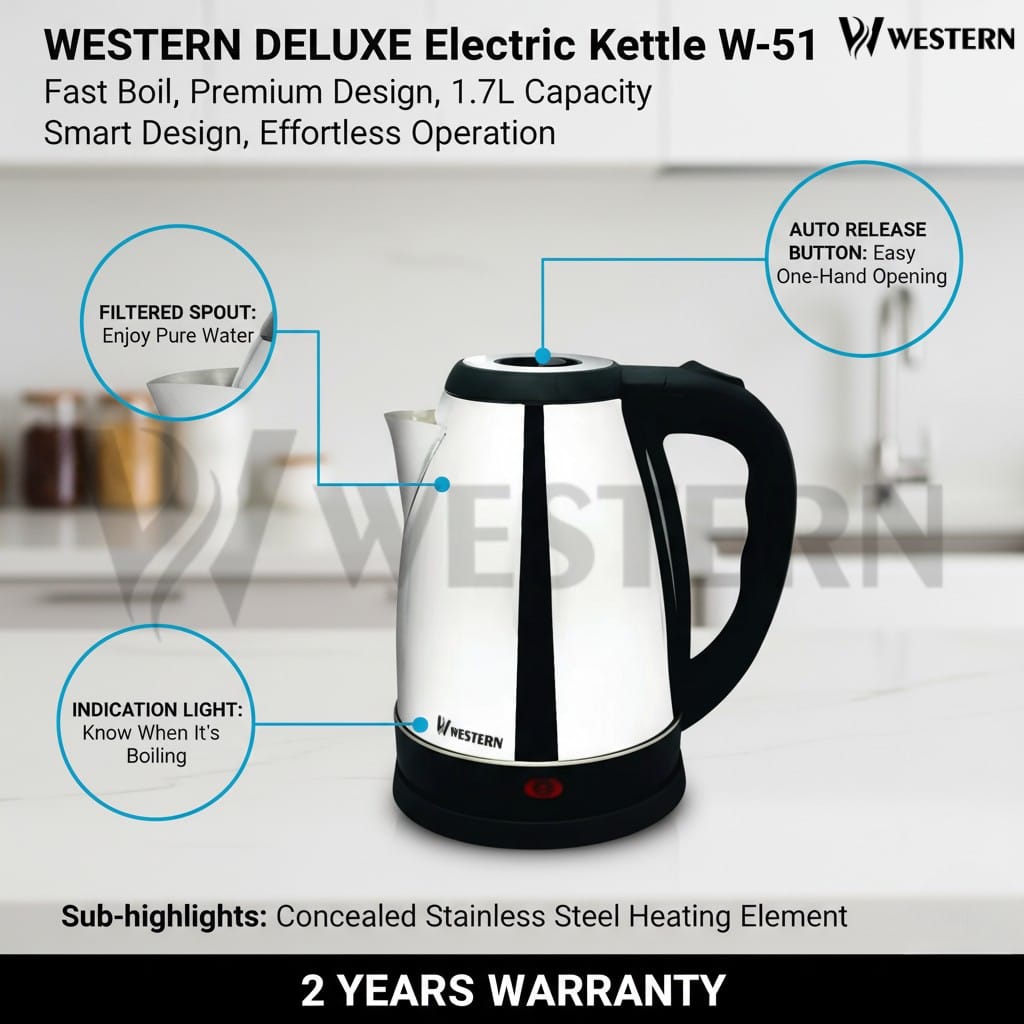 Burraq Western Deluxe Electric Kettle W-51 – 1.7L Stainless Steel Electric Kettle | | 2-Year Warranty