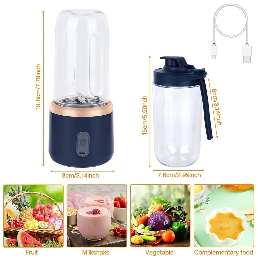Burraq Portable Blender Juicer Machine – 2-in-1 USB Rechargeable Smoothie Maker | 400ml Personal Mini Fruit Mixer