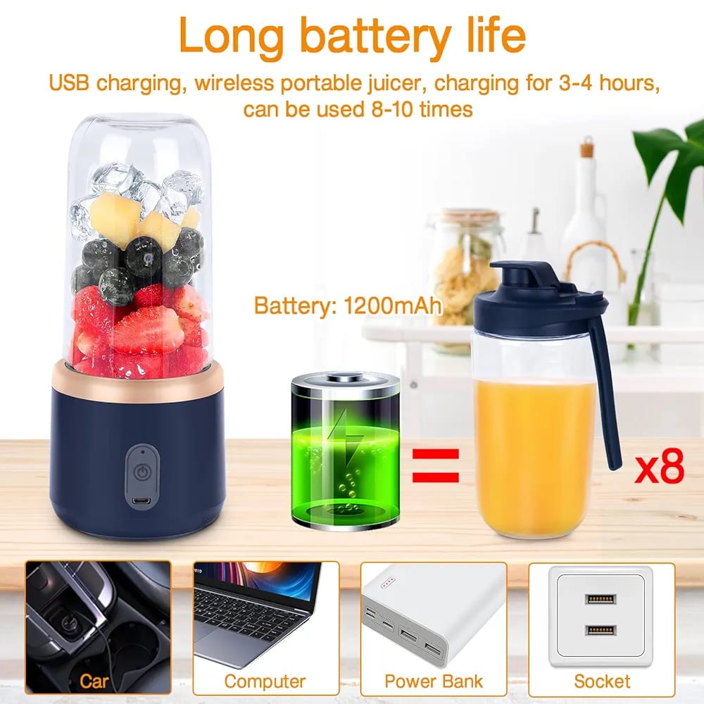 Burraq Portable Blender Juicer Machine – 2-in-1 USB Rechargeable Smoothie Maker | 400ml Personal Mini Fruit Mixer