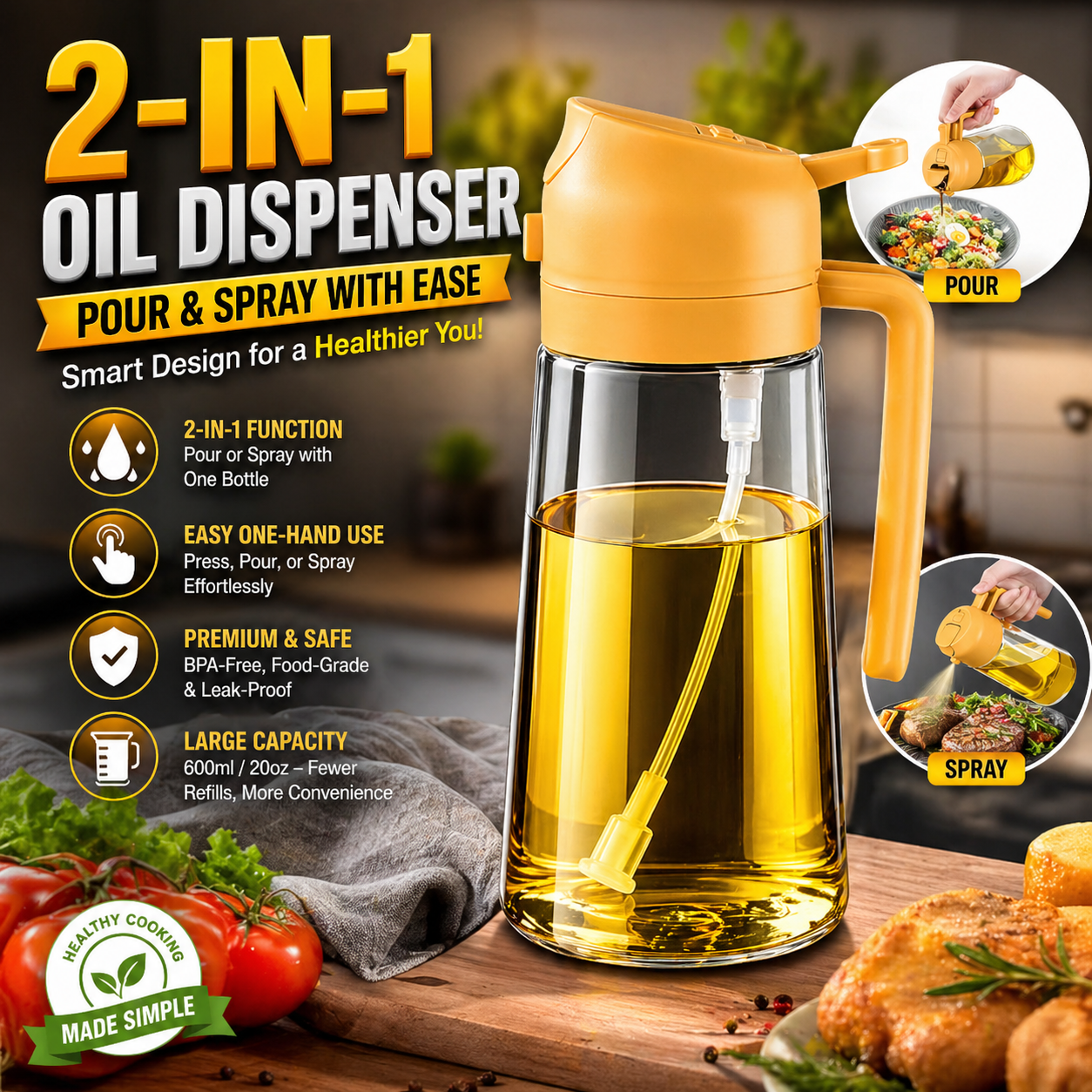 Burraq 2-in-1 Oil Sprayer Bottle – Glass Oil Dispenser with Spray & Pour Function | Leakproof Cooking Oil Bottle