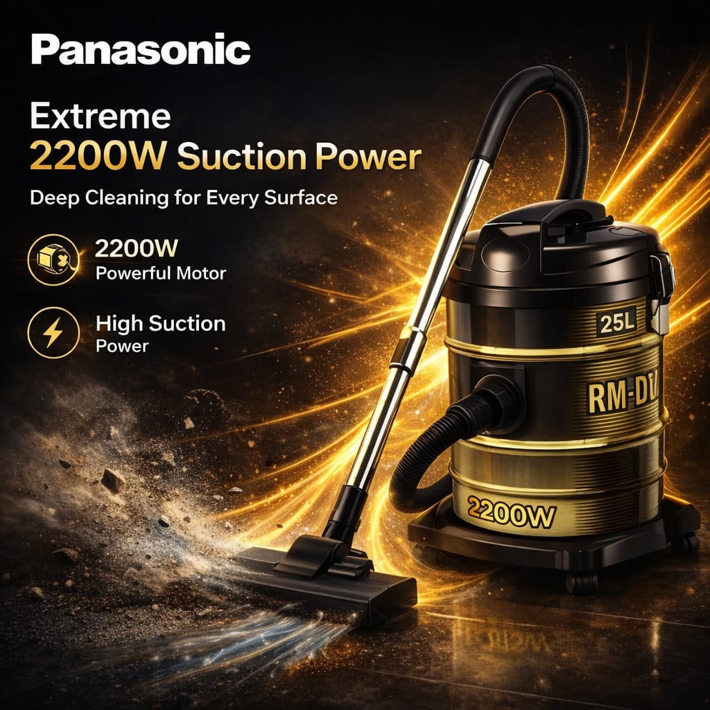 Burraq Panasonic 25L Vacuum Cleaner 2200W Turbo Power with Wheels | Heavy Duty Wet & Dry Vacuum Cleaner