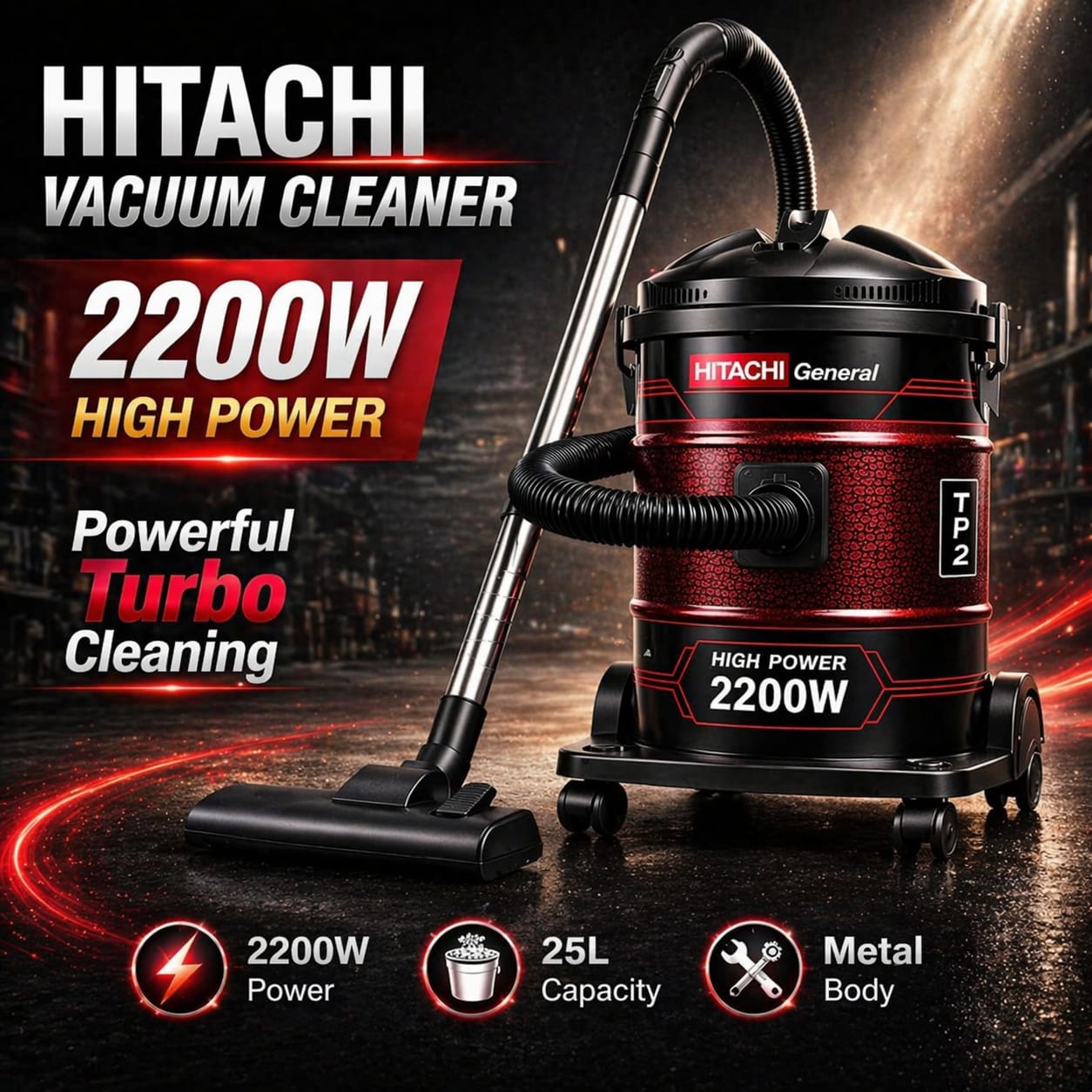 Burraq Hitachi Vacuum Cleaner 25L – 2200W High Power Drum Vacuum | Large Capacity Cleaner with Wheels
