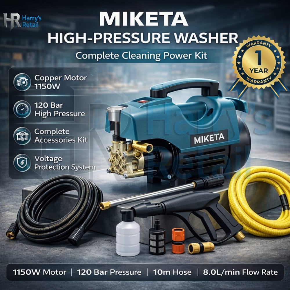 Burraq MIKETA Electric Pressure Washer – 1150W 120 Bar High Pressure Cleaner | Portable Car Washer Machine with Spray Gun Kit