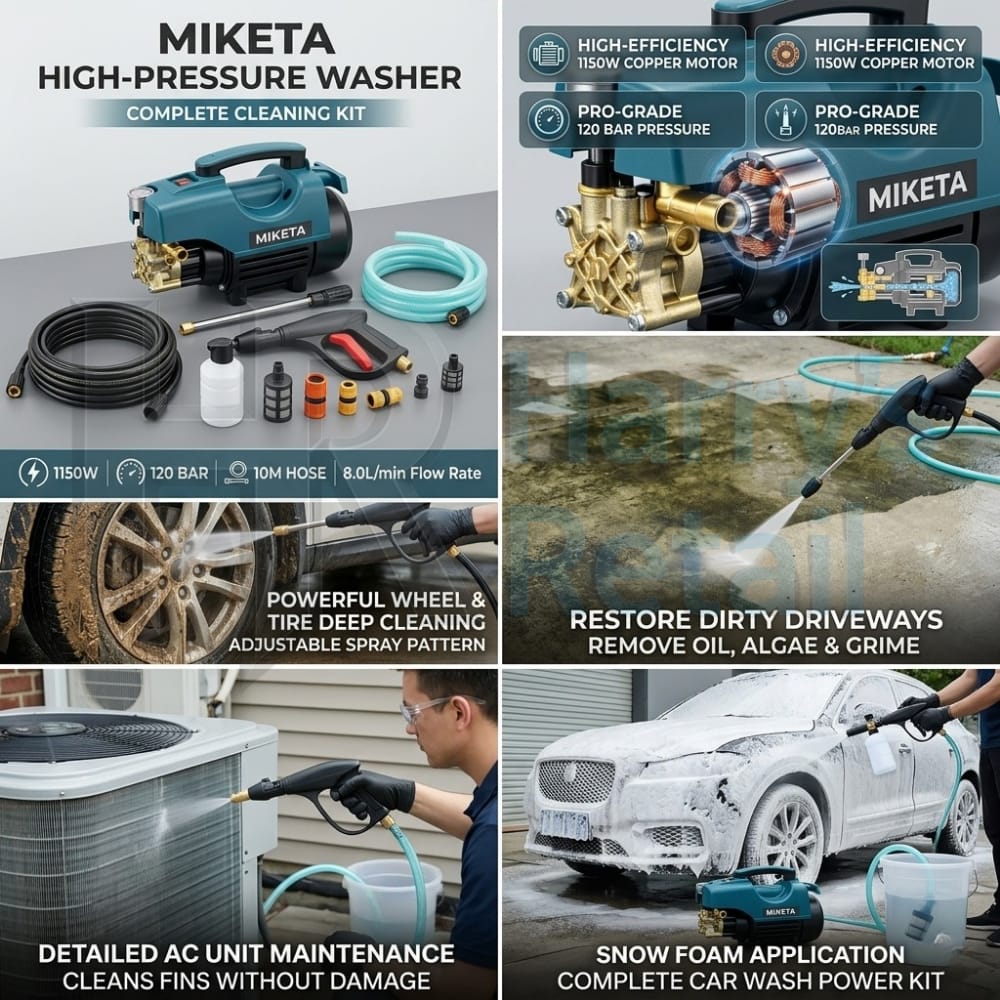 Burraq MIKETA Electric Pressure Washer – 1150W 120 Bar High Pressure Cleaner | Portable Car Washer Machine with Spray Gun Kit