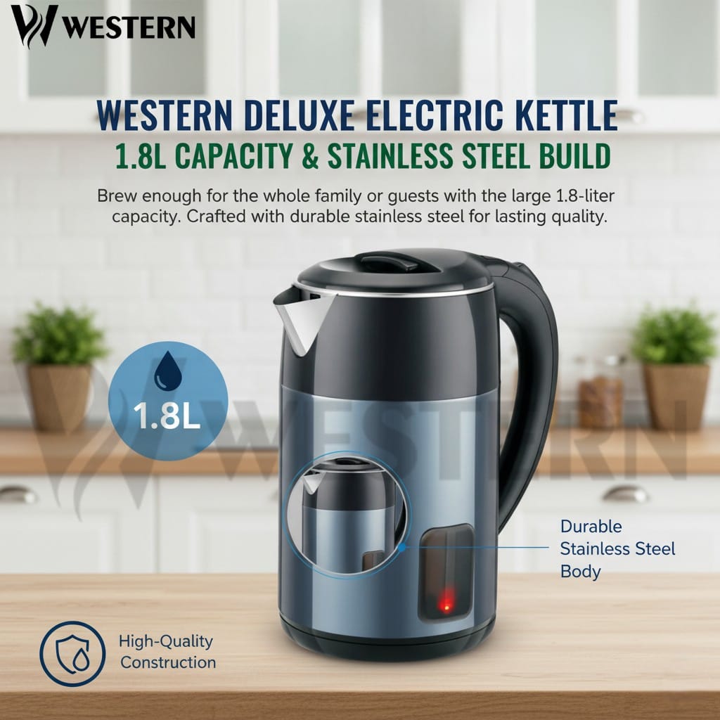 Burraq Western Deluxe Electric Kettle W-52 – 1.8L Stainless Steel Electric Kettle | 1500W Fast Boil